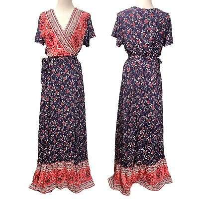 #ad Boho Wrap Dress Floral Short Sleeve V Neck Split Summer Maxi Women#x27;s Size Small $22.00