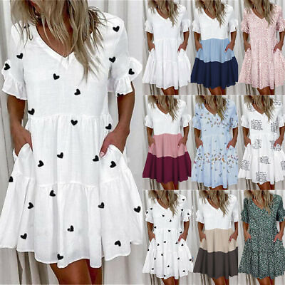 #ad Womens Summer Ruffle Dress Ladies Short Sleeve Frill Mini Sun Dresses Plus Size $17.99