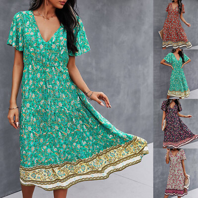 #ad Women#x27;s V Neck Boho Floral Print Maxi Dress Ladies Summer Short Sleeve Sundress $16.14