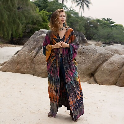 Yuma tiedye long jacket kimono duster cardigan boho handmade Beach Plus Size $138.00