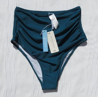 #ad NEW CUPSHE US Women’s US XS Teal Green Swimsuit Bikini Bottoms High Waist Ruched $12.99