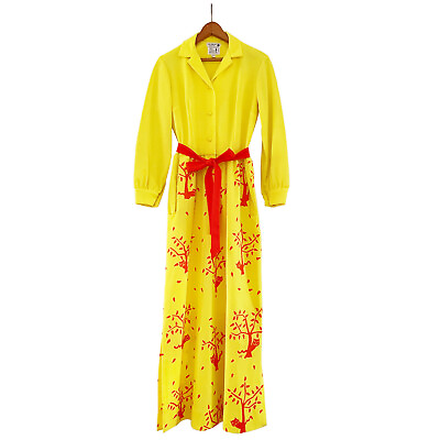 Vtg 70s VESTED GENTRESS Belted Yellow Maxi Dress Cats amp; Autumn Trees Print Sz 10 $299.00