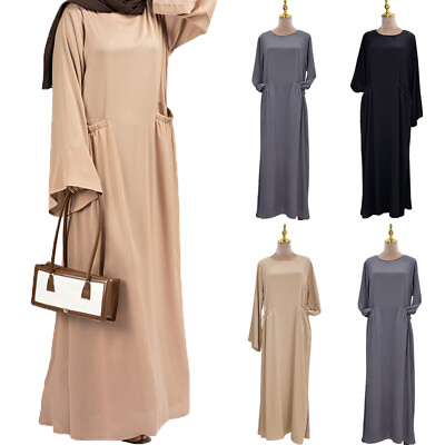#ad Muslim Women Abaya Caftan Solid Color Kaftan Maxi Dress Ramadan Islamic Cocktail $36.52