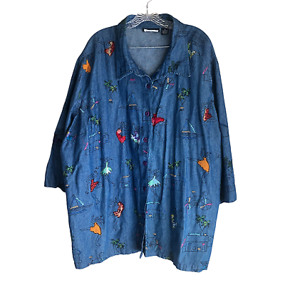 New Direction Women#x27;s Chambray Shirt Plus 5X Vacation Theme Embroidered Craft $43.33