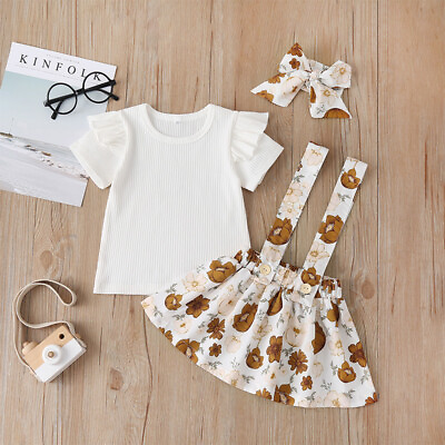 #ad Children Summer White Tops Braces Skirts Baby Girls Cute Printing Suit 2Pcs $21.58