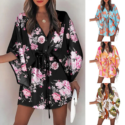 Womens Boho Floral Beach Cover Up Mini Dress Sundress Lady Short Sleeve $6.12