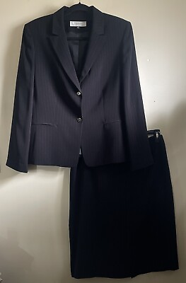 #ad TAHARI ARTHUR S LEVINE 2pc Women Sz 16 Skirt Suit Black with Silver Pinstripe $35.77