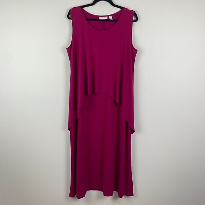 #ad Susan Graver Liquid Knit Sleeveless Maxi Dress Large Petite Pink Tiered PL Slit $24.95