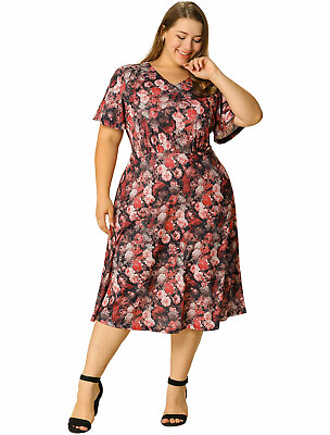 #ad Women#x27;s Plus Size Dress Short Sleeve Fit Flare Midi Floral Sundress $34.87