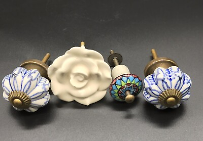 #ad 4 Pc Decorative Boho Ceramic Knob Drawer Pulls 1 Flower 2 Blue White 1 Multi $14.95