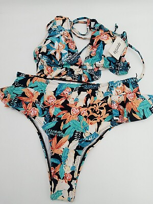 #ad Sporlike Women High Waisted Swimsuit Ruffle V Neck Bikini Medium NWT $14.99