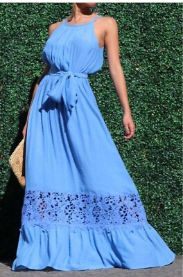 #ad Blue Casual Beach round Neck Soft Long Maxi Dress $48.00