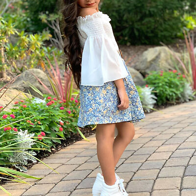 #ad #ad Skirt A line Soft Girls Solid Color Tops Floral Print Skirt Set Summer Clothing $14.20