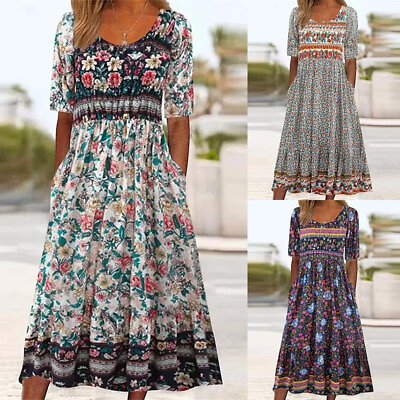 #ad ✿Women#x27;s Short Sleeve Boho Floral Maxi Dress Party Dress Plus Size $17.36