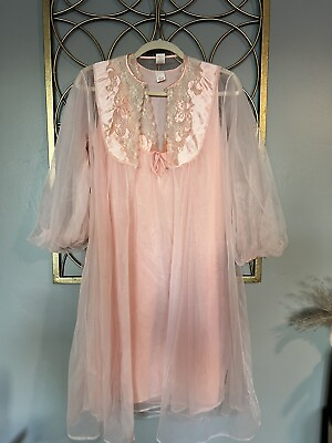 #ad Vintage Sears Chiffon Peignoir Set Pink Peach Sheer Robe amp; Nightgown Sz 32 34 $39.99
