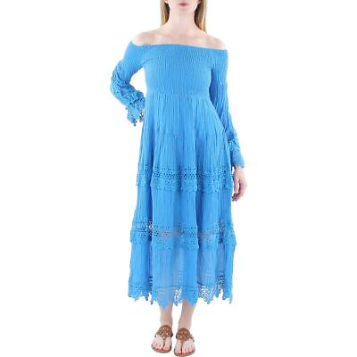 #ad Guess Womens Amberlee Blue Smocked Lace Trim Long Maxi Dress XS BHFO 8261 $22.99
