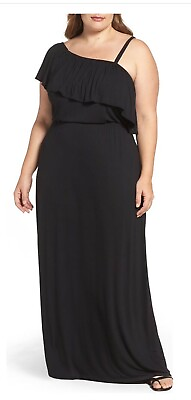 NEW BOBEAU RUFFLE ONE SHOULD BLACK MAXI DRESS 1X 16 BEACH DRESSY OCCASION LITTLE $59.99