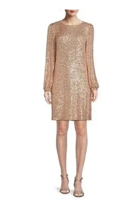 #ad Preston amp; York 8 Rosa Gold Jewel Neck Sequin Party Dress Long Sleeve Shiny $139 $94.00