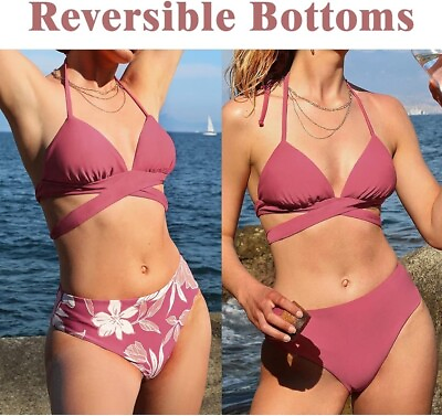 #ad CUPSHE Bikini Set Two Piece Swimsuit Reversible Bottoms Triangle Halter Wrap M $23.09