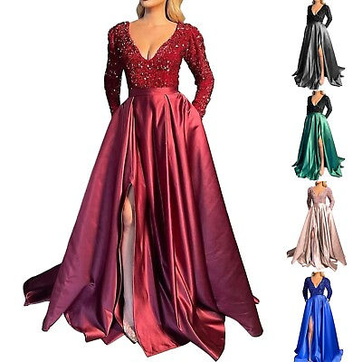 #ad Women#x27;s Sexy V neck High Split Long Formal Party Maxi Dress Banquet Evening Gown $38.68