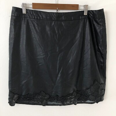 #ad Forever 21 Black Faux Leather Skirt Women Plus Size 14 Floral Embroidered Hem $19.89
