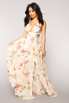 #ad Fashion Nova Women’s Lanai Maxi Dress Floral Ivory Beach Boho Size Small NWT $22.49