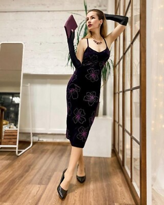 #ad Evening dress velvet open back purple flower shimmers M long cocktail $19.00