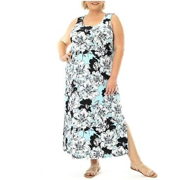 #ad NWOT Nina Leonard Maxi Dress Plus Size 1X Sky Blue Floral Scoop Neck Side Slits $23.99