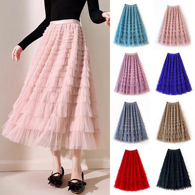 #ad Fairy Tulle Skirt Women Elastic High Waist Mesh Skirts Long Pleated Tutu Skirt $6.64