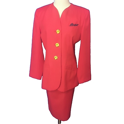 #ad Le Suit Size 10 Red Skirt Suit Gold Buttons 2 VTG 80s 90s Blazer Jacket 22.1.5 $100.99