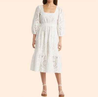 #ad Nordstrom White Broderie Tiered Midi Dress Eyelet Floral Puff Sleeve Size Large $40.00