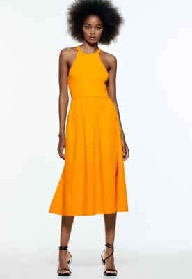 #ad Zara Women Orange Midi Length High Neck Sun dress Size Small $49.00