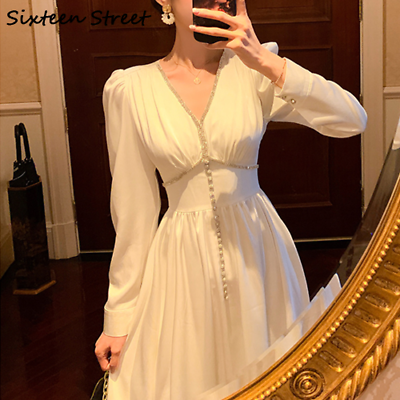 #ad 2022 White Party Maxi Dress Diamond V neck High Waist Elegant Long Sleeve Dress $81.93