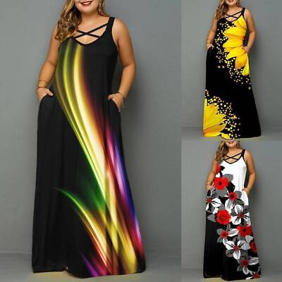 #ad Plus Size Womens Print V Neck Holiday Long Maxi Dress Summer Boho Beach Sundress $26.39