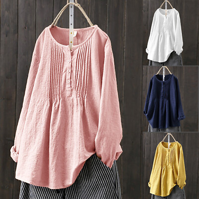 Womens Casual Cotton Linen Long Sleeve Tunic Tops T Shirt Baggy Blouse Plus Size $17.00