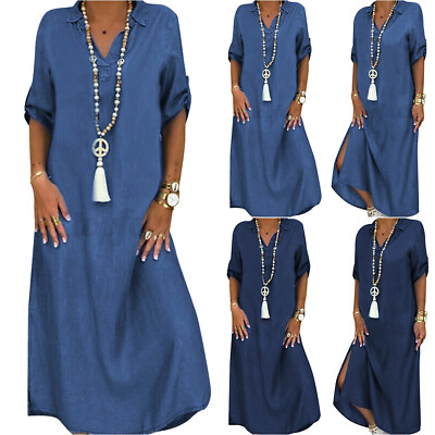 #ad Plus Size Women Casual Summer Loose Denim Maxi Dress Jeans Sundress Kaftan Beach $33.59