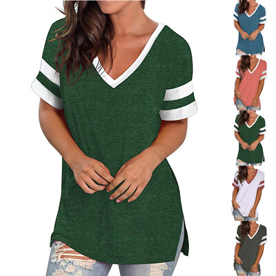 Women Loose Long T Shirt Tee T Shirts Ladies Summer Tops V neck Blouse Plus Size $3.37