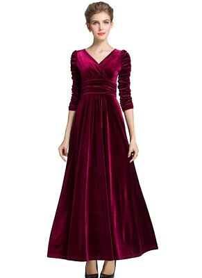 MedeShe Women Christmas Long Sleeve V Neck Velvet Maxi Dress 18 20 Burgundy $14.50