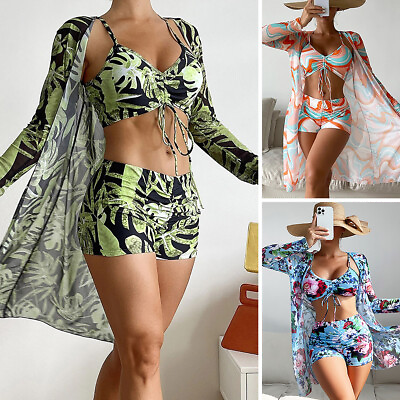 Womens Mesh Long Sleeve 3 Piece Swimsuit with Cover Up High Waisted Bathing Suit $25.99