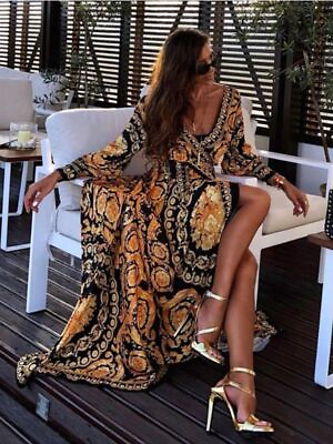 #ad #ad Women#x27;s Maxi Dress Long V Neck Long Sleeve Dress Casual Party Beach Sundress New $21.25