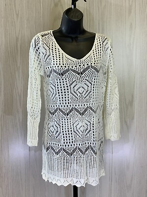 Women#x27;s Knit Long Sleeve Swim Cover Up One Size White NEW $15.99