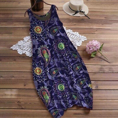 #ad Plus Size Women Boho Floral Maxi Dress Sleeveless Holiday Beach Baggy Sundress $18.34