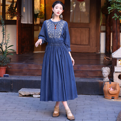 #ad New Women#x27;s Denim Dress Vintage Embroidered Maxi Long Shirt Dresses A2658 $69.00
