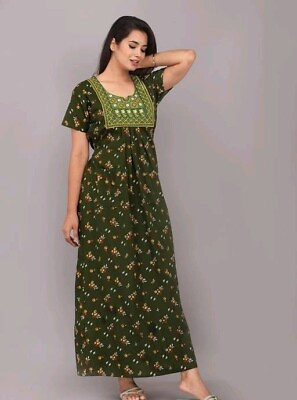 #ad Indian Clothing Nighty Jaipuri Pattern Night Dress Green Color Maxi For Women $27.99