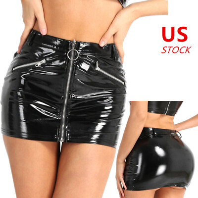 #ad Women#x27;s Shiny Bodycon Skirt Zipper Front Mini Skirts Rave Party Clubwear Wetlook $13.38