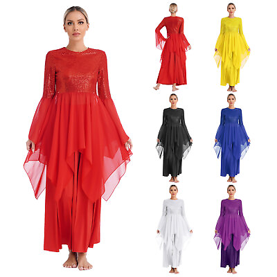 #ad Women#x27;s Top And Skirt Set Flared Sleeve Dance Outfit Maxi Shirts With Skirts $9.74
