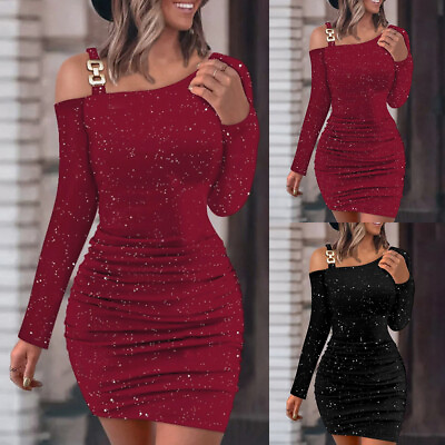#ad Women#x27;s Sexy Cold Shoulder Bodycon Party Midi Dress Sequins Cocktail Dresses $24.29