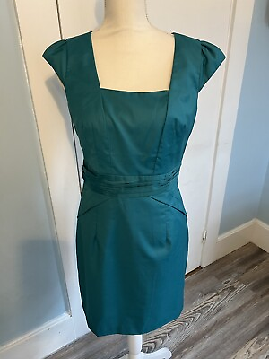 #ad FOREVER 21 Teal Green Blue Gathered Sheath Short Sleeve Dress Medium EUC $6.99