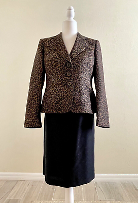 #ad Le Suit Leopard Print Three Button Lined Jacket Blazer Black Skirt Suit Size 8P $34.99