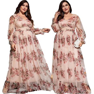 #ad Plus Size Women Long Sleeve Maxi Dress Floral Print Abaya Kaftan Evening Hoilday C $59.71